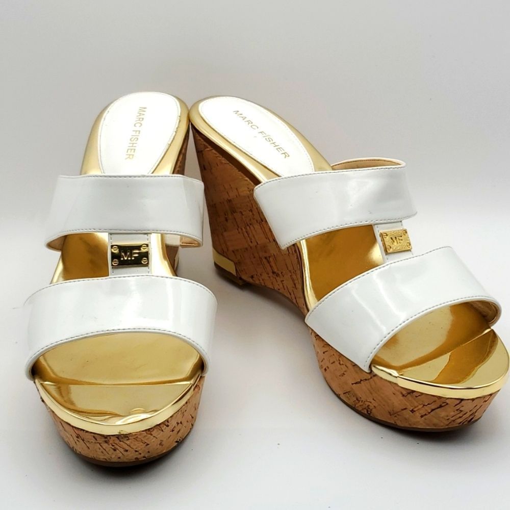 MARC FISHER White and Gold‎ Wedge Sandals. SIZE 10M. S855